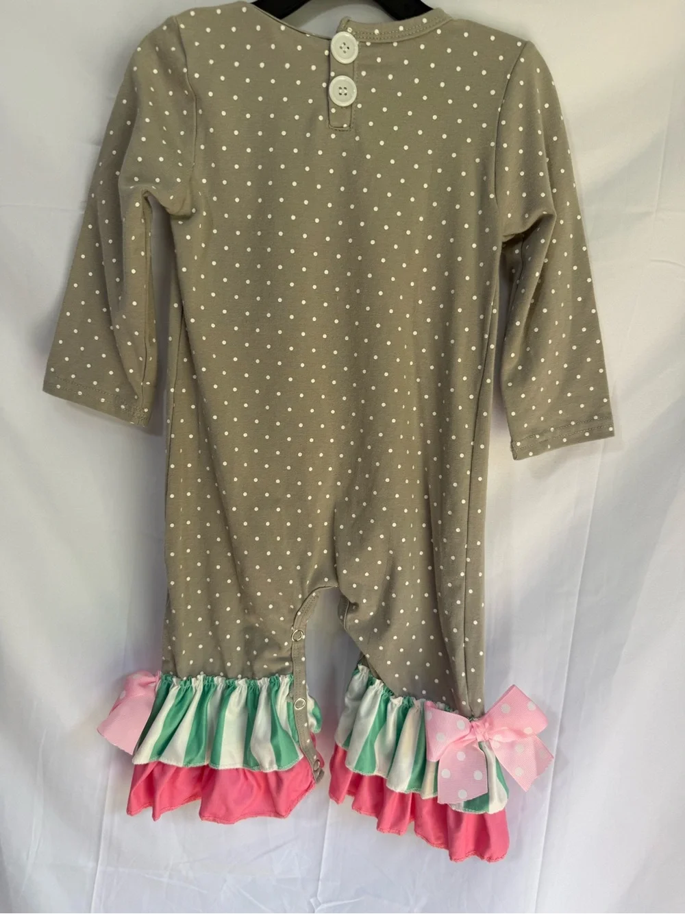 Girls Gray Polka Dot Santa Ruffle One-Piece Romper - Pink & Mint Accents
